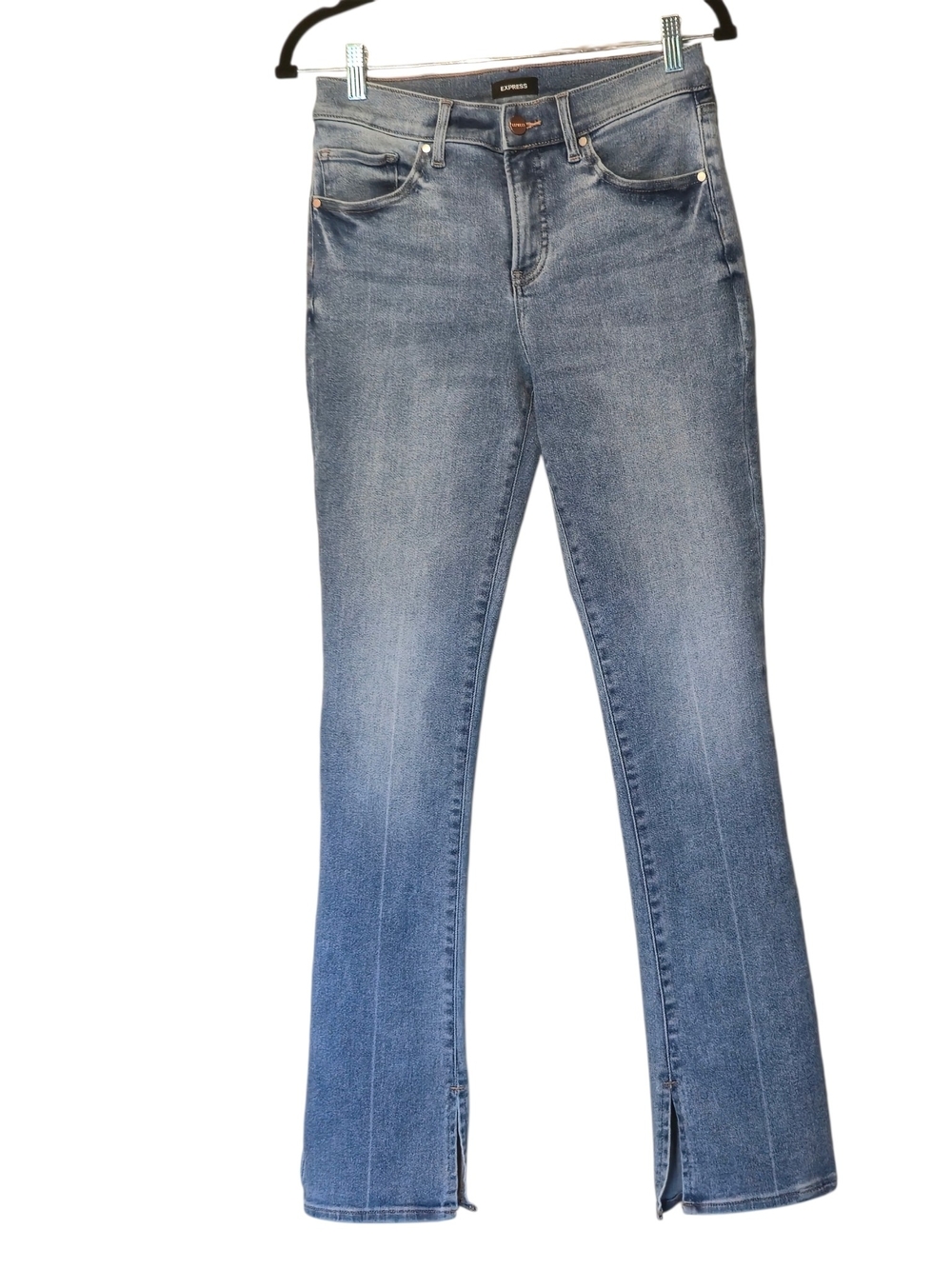 Express Women's Blue Mid-Rise Flare Jeans with Front Slits